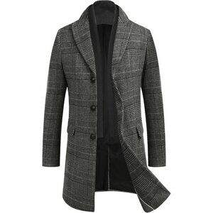 Men's blackPlaid Trench Overcoat Wool Blend Coat with Detachable Single Breasted